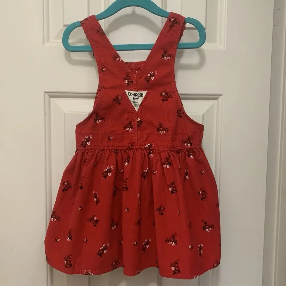OshKosh B’Gosh 3T Red Corduroy Floral Bib Dress Overall Floral Skirt Vestbak